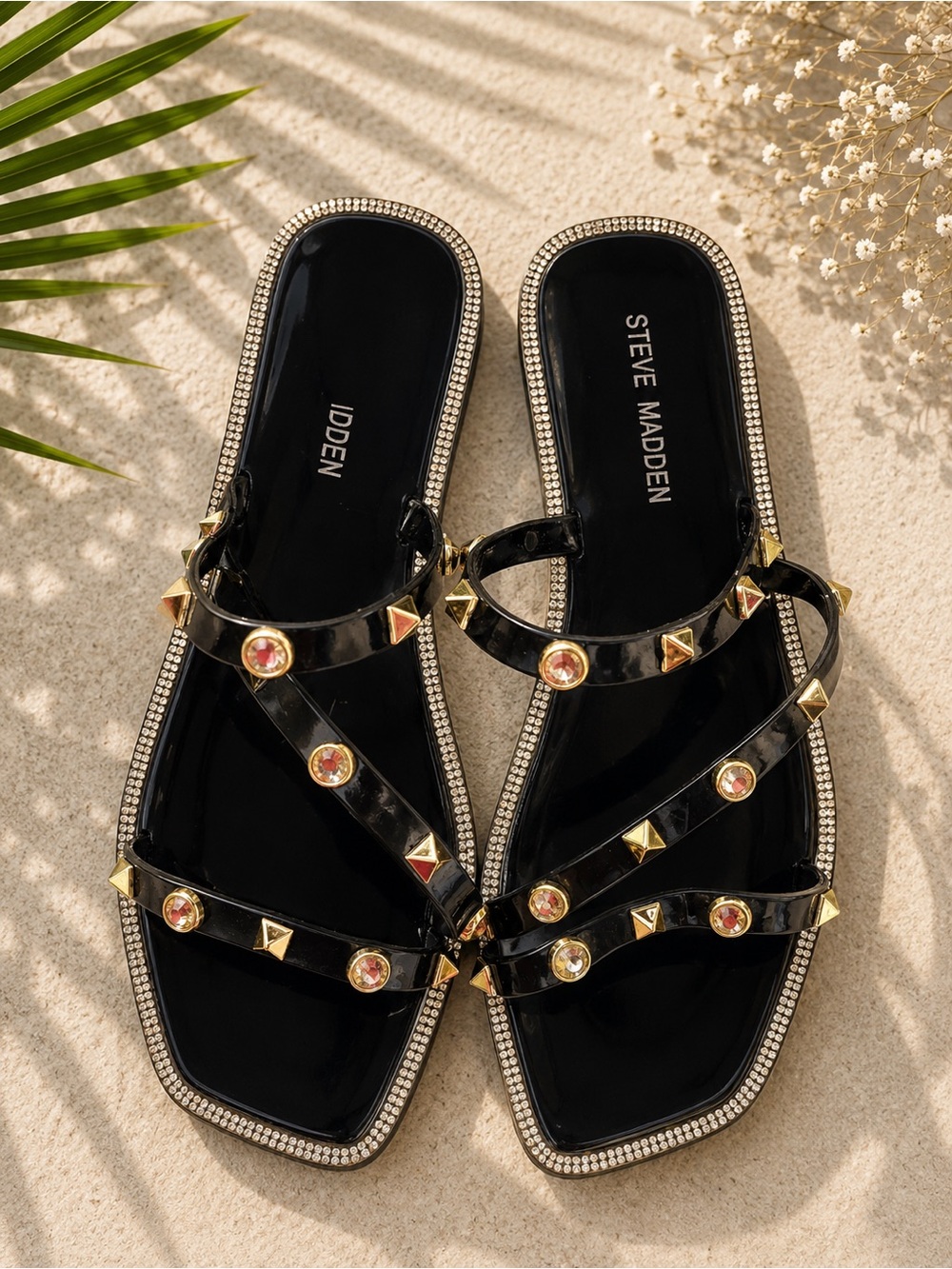 Steve Madden Black Patent Jeweled Stud Slide Sandals